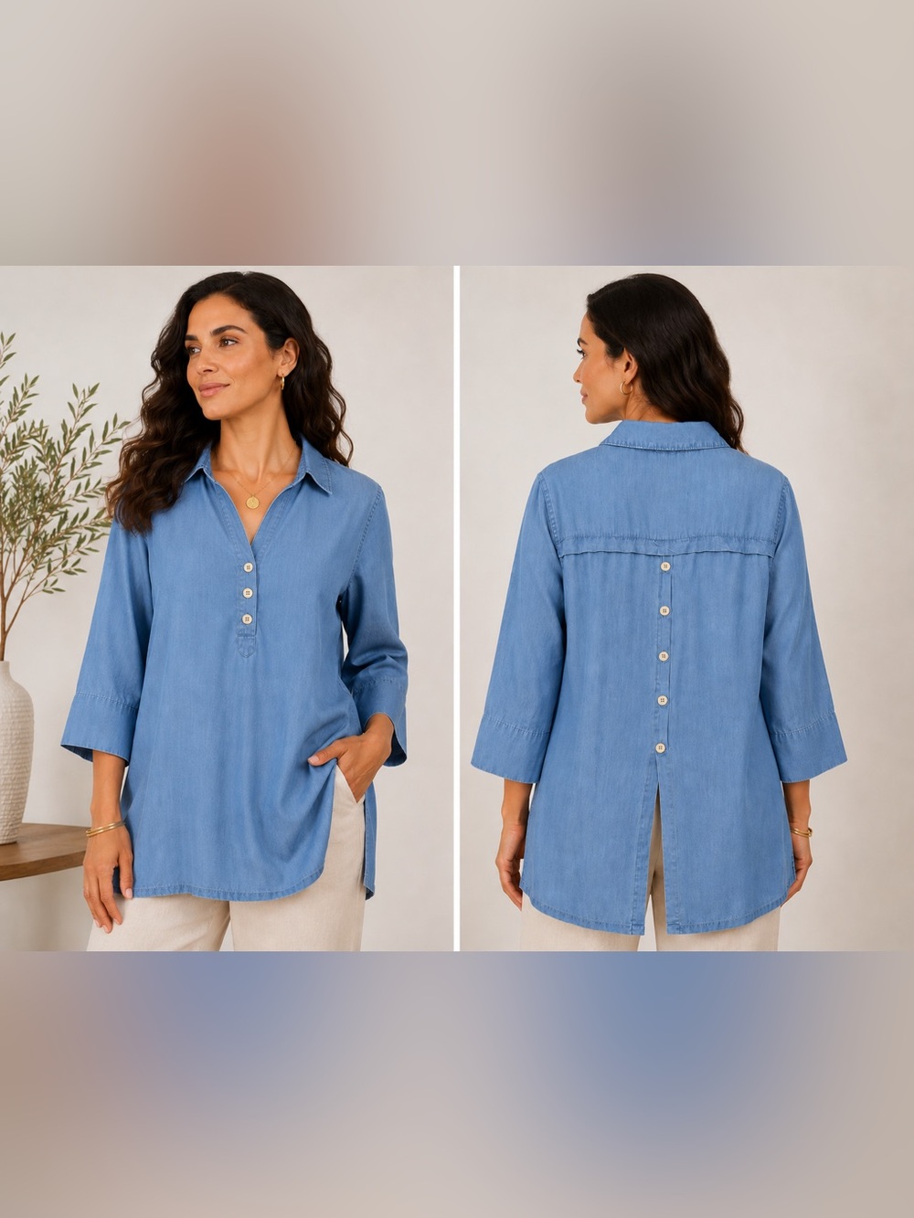 SEO Title (80 characters)
Zac & Rachel 1X Chambray Popover Tunic Button Back